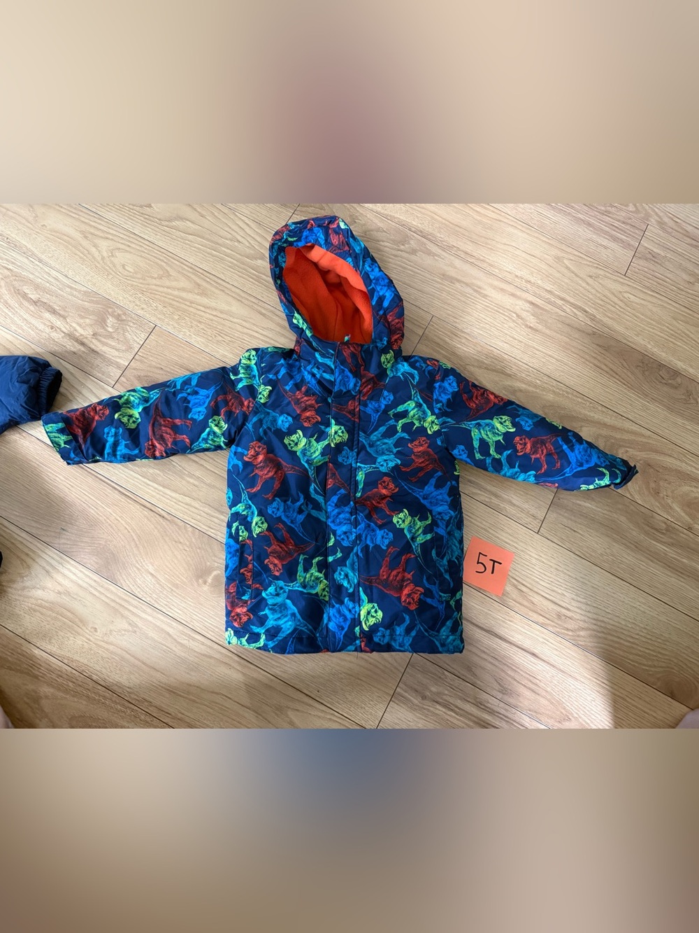 The Children's Place Navy 3 in 1 Dino-Print Hooded Puffer with Orange Lining
